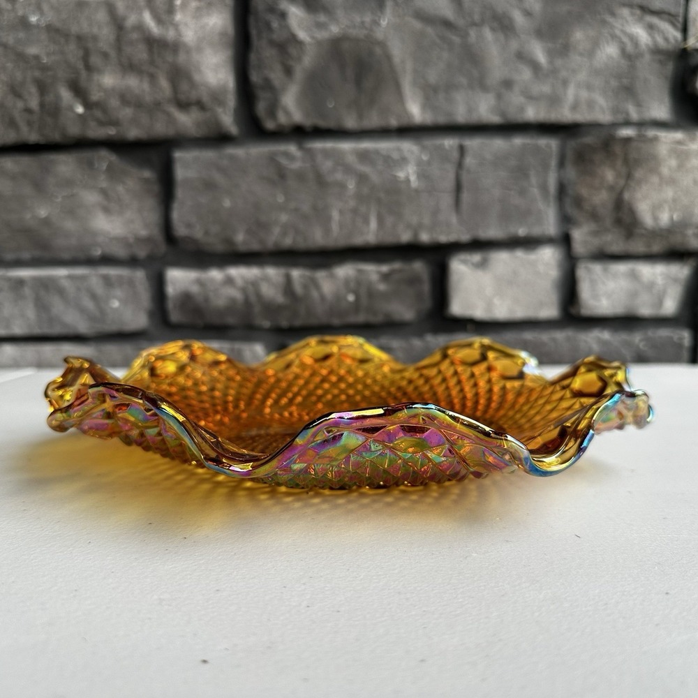 Vintage Indiana Glass Amber Carnival Plate Iridescent Diamond Point Starburst